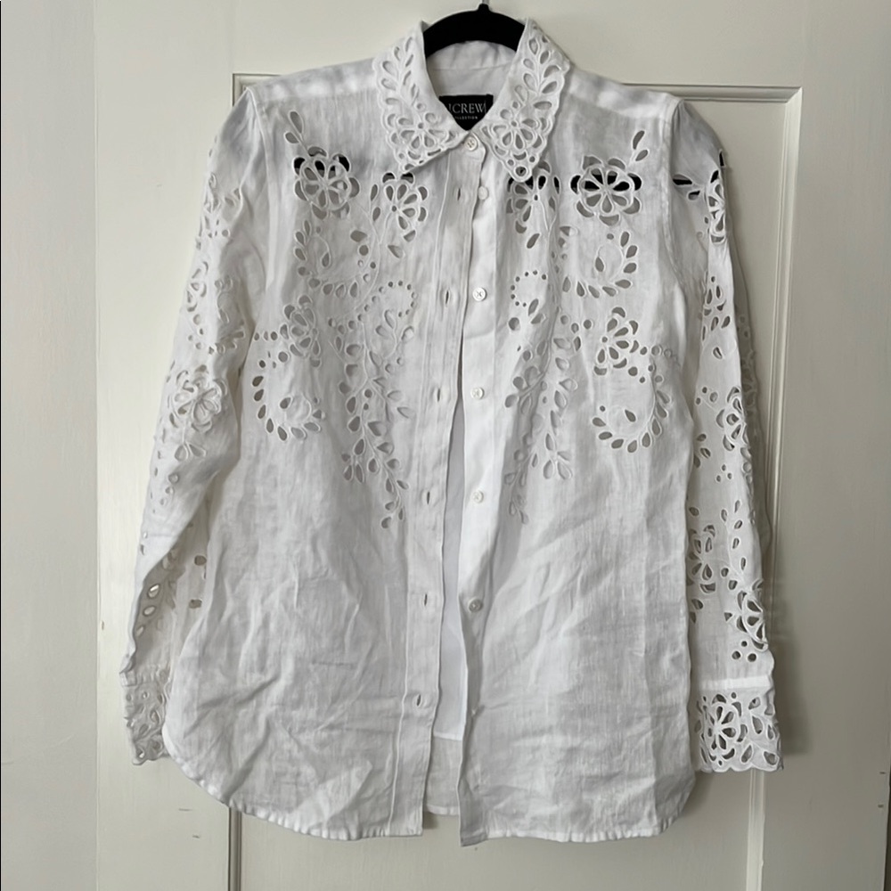 J. Crew White 100% Linen Casual Button Down Shirt with Eyelet Detailing and Cami